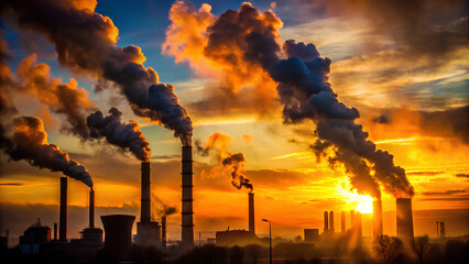 Silhouette of Smoke and pollution from industrial factory 