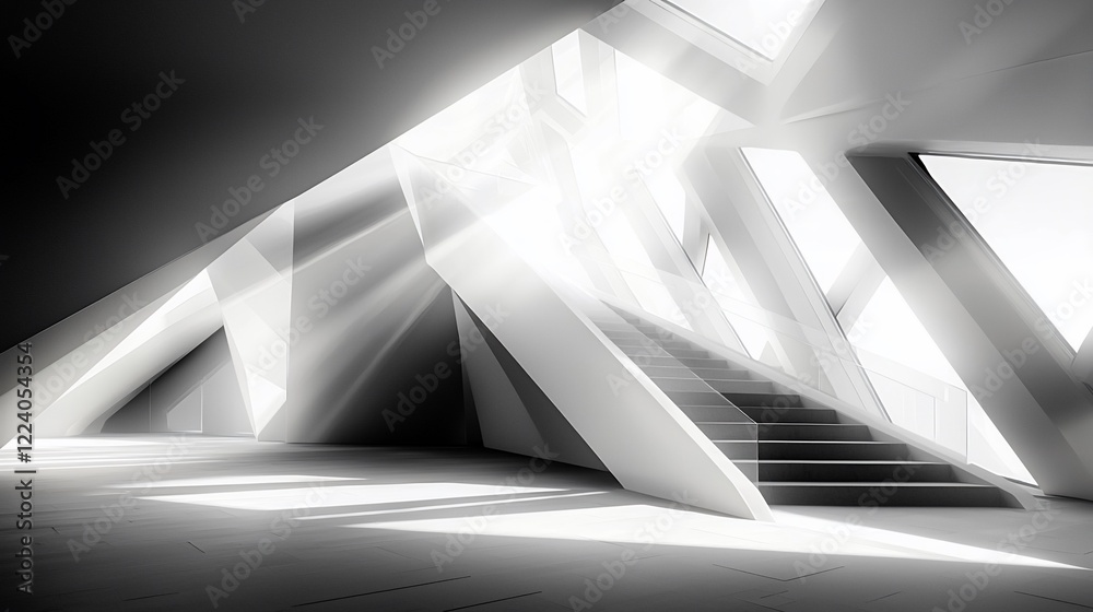 Poster abstract modern architecture interior with stairs and sunlight.