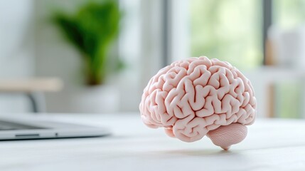Brain model on desk, office background, intellect concept, website header