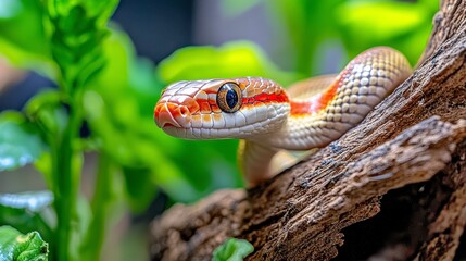 Obraz premium Colorful Snake on Branch Surrounded by Lush Green Foliage
