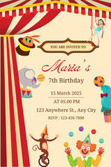 Naklejka premium Birthday party invitation template with cute circus animals vector illustration. Birthday girl invitation card design.