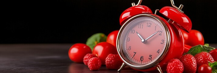 A red alarm clock surrounded by tomatoes and raspberries on a dark background. Eat on time concept