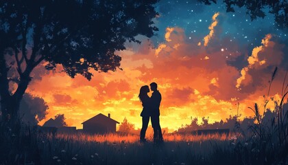 Fototapeta premium Couple embracing sunset, rural scene, starry night, romance