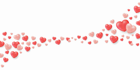 Red and pink glossy hearts floating on white background with copyspace frame for Valentine's day concept, Vector illustration.