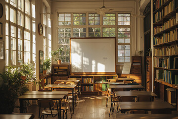 Obraz premium Sunlit classroom with empty desks, a whiteboard, and bookshelves, creating a serene learning atmosphere