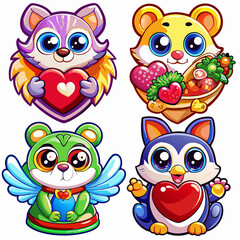 Fototapeta premium Cute cartoon animals holding hearts & gifts.
