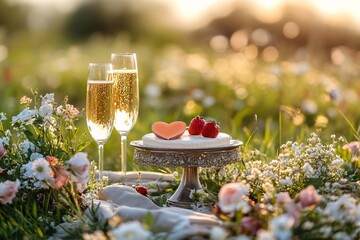 Romantic outdoor picnic setting with champagne and cake