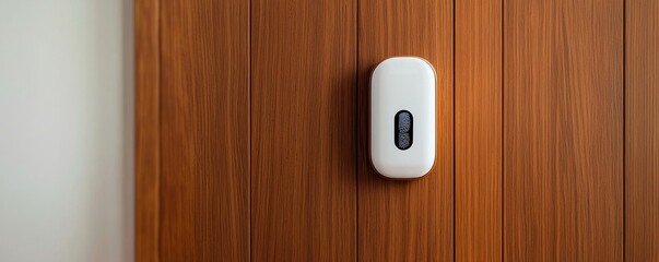 Smart Home Devices Concepts. Smart device mounted on a wooden wall for home automation.