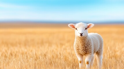 Obraz premium Lamb in golden wheat field, sunny day, rural scene, spring
