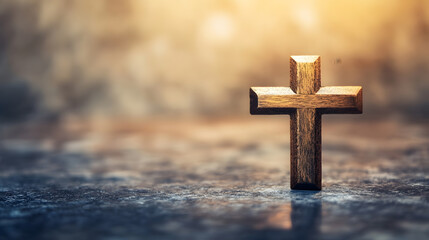 Simple Wooden Cross on Stone Surface Illuminated by Warm Light Evoking Solitude and Reflection : Generative AI