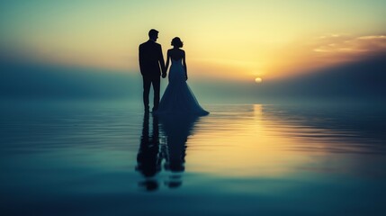 Fototapeta premium A couple stands hand in hand on a serene beach as the sun sets, casting warm colors across the sky and water