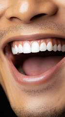 Obraz premium Close-up of a smiling mouth displaying bright white teeth and a light beard.