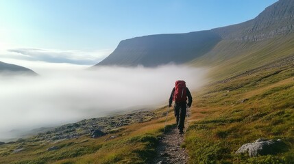 Fototapeta premium A misty morning along the Westfjords road, with light fog rolling over steep mountains.