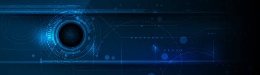 Vector illustration design, digital eyeball and line on circuit board. High tech computer, science technology. Abstract futuristic communication concept. Dark blue color background