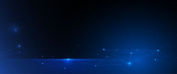 Fototapeta premium Vector molecule. Abstract internet network connection design for web site. Digital data, network communication, connected line with dot on blue background. Science and technology futuristic concept