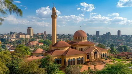 Naklejka premium A panoramic view of Kibuli Mosque, showing its grand architecture against the Kampala skyline.