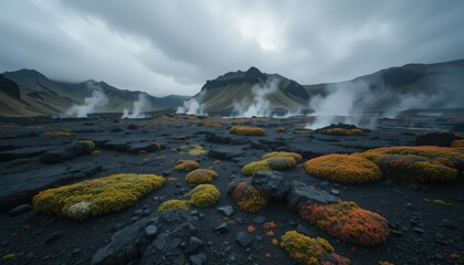 Fototapeta premium Volcanic landscape with vibrant plant life and steam rising.
