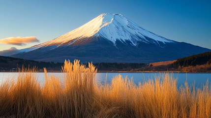 Majestic snow capped mountain overlooking tranquil lake at sunri