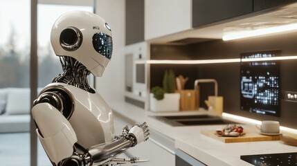 Modern robot assistant in a futuristic kitchen, preparing a meal