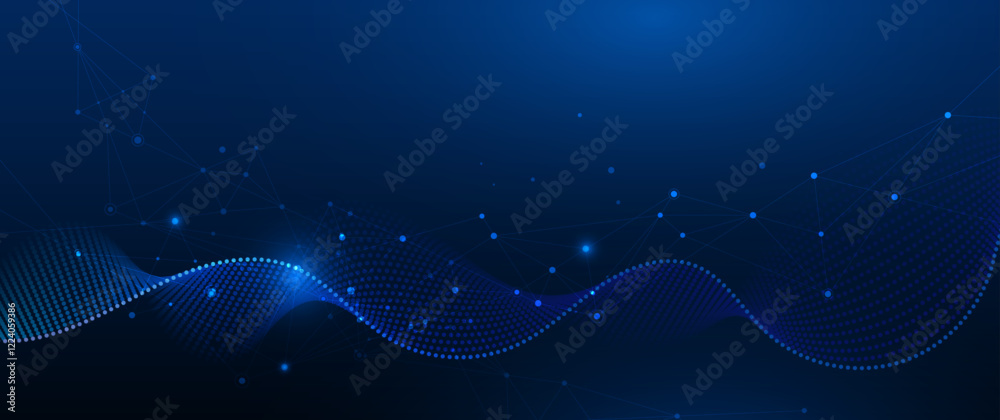 Poster Vector illustration abstract technology with molecule, Flowing dot particle wave flow line, wireframe and dot on blue background. Datum technology network, science, artificial intelligence concept
