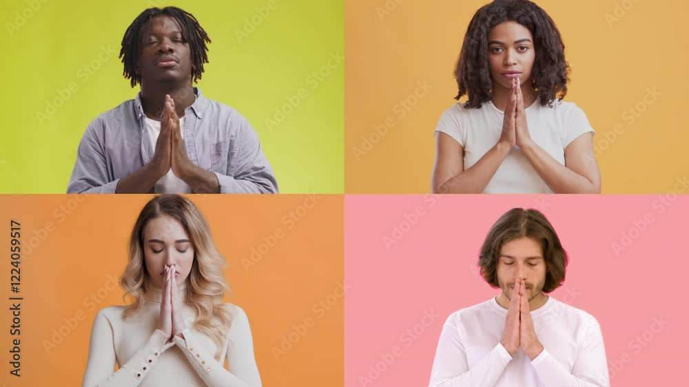 Poster a multiracial collection showcases four individuals displaying distinct hand gestures, conveying emo