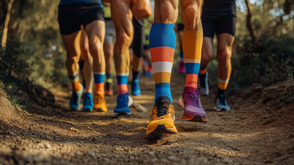 Fototapeta premium Colorful socks worn by runners on dirt trail during race