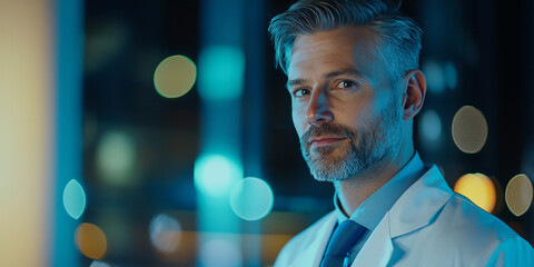 Close up of an attractive male doctor in his late thirties with gray hair and a short beard, wearing a white coat and a blue tie, generative AI