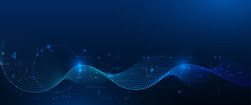 Vector illustration abstract technology with molecule, Flowing dot particle wave flow line, wireframe and dot on blue background. Datum technology network, science, artificial intelligence concept