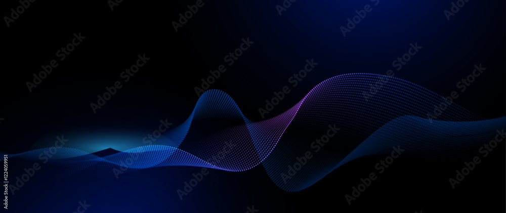 Fototapete vector abstract flowing wave line, particle dot pattern, neon light on dark blue gradient background