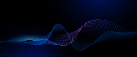 Vector Abstract flowing wave line, particle dot pattern, neon light on dark blue gradient background. Modern futuristic design, particles wave data for background. Cyberspace technology concept