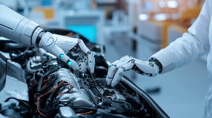 A robotic hand and a human hand work together on an engine, showcasing the collaboration between technology and human expertise in a modern workshop.