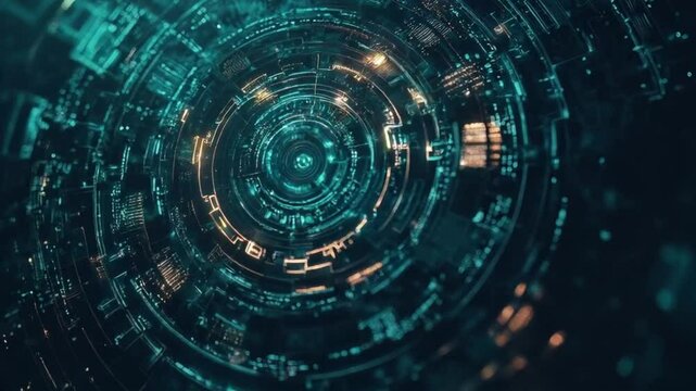 circuitos tecnol&oacute;gicos circulares con luces que se encienden y apagan, color verde zoom movimiento cinematogr&aacute;fico en c&aacute;mara lenta