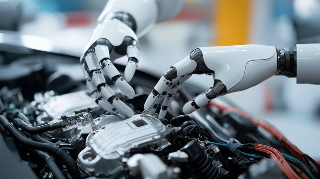 A robotic hand is working on an engine, showcasing advancements in automation and technology in the automotive industry.