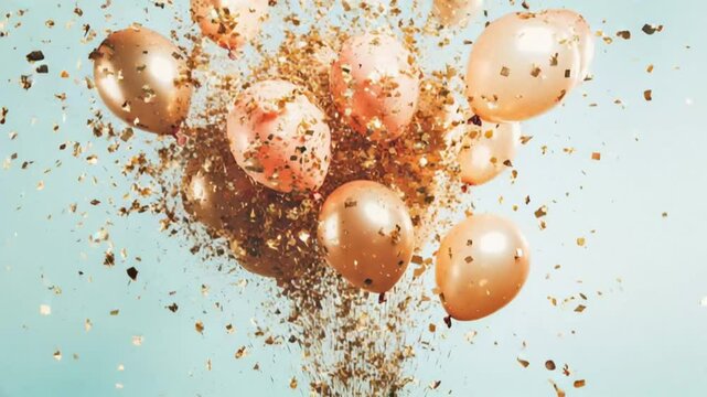 Explosi&oacute;n de conf&eacute;ti y globos dorados de fiesta subiendo lentamente, movimiento cinematogr&aacute;fico
