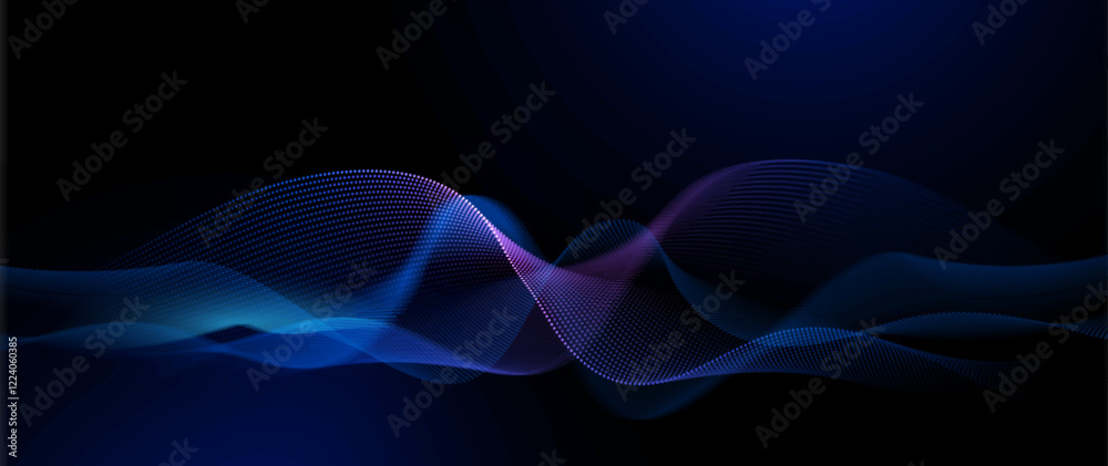Poster Vector Abstract flowing wave line, particle dot pattern, neon light on dark blue gradient background. Modern futuristic design, particles wave data for background. Cyberspace technology concept