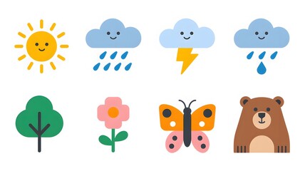 Pixel art icons sun, cloud, rain, butterfly, bear, tree