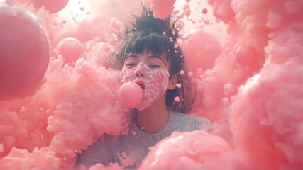 Nube espumosa color rosa sobre fondo celeste, crece y se expande develando a una mujer entre burbujas, movimiento cinematográfico en cámara lenta. 