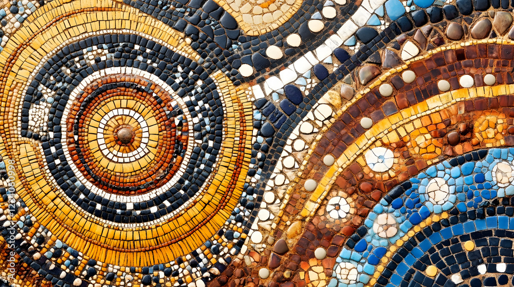 Poster intricate circular mosaic pattern in earth tones featuring diverse textures : generative ai