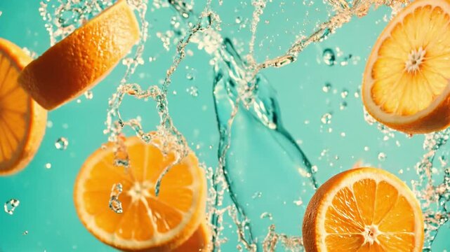 Rodajas de naranja cayendo al agua con burbujas de limonada en un fondo color turquesa, celeste, c&aacute;mara cinematogr&aacute;fica lenta