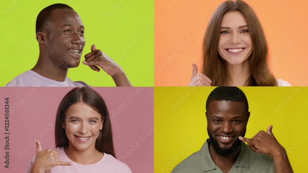 Poster a diverse group of individuals expresses joy through gestures, smiling warmly against vibrant backgr