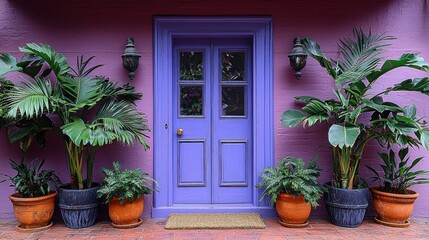 Vibrant Purple House Entrance with Lush Tropical Plants