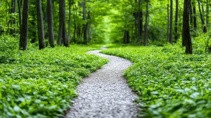 Obraz premium Winding forest path, lush greenery, summer sunlight, peaceful nature scene, ideal for travel brochures