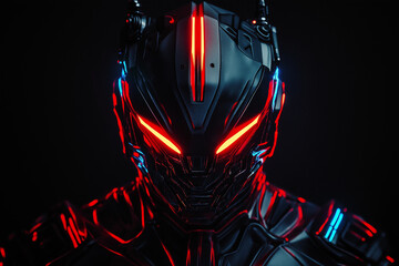 A sleek black futuristic robot radiating a fiery aura, combining advanced technology with a menacing, powerful presence.