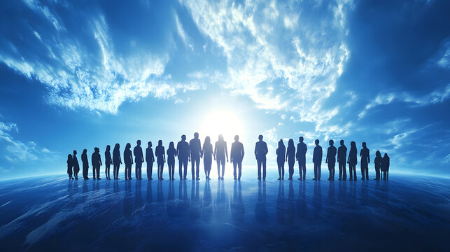 Silhouetted Group of People Standing United Against a Dawn Sky on Horizon : Generative AI