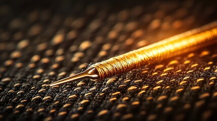 Close-up of a golden needle on a textured surface.