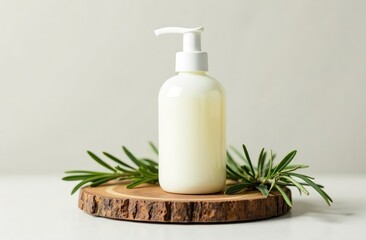 A pump bottle of hand cream on a wooden board, surrounded by sprigs of rosemary and thyme, in a minimalist style with a clean background. Product photography with high resolution, studio lighting,