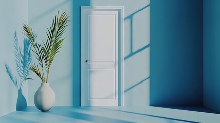 3D Rendering of a Room with Blue Wall, Door, and Vase with Plant: Interior Background for Stock Photo