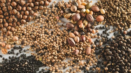 An assortment of different seeds is carefully spread out on a table