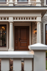 Elegant Home Entrance with Classic Columns and Wooden Door.  Luxury Real Estate, Architectural Design, Residential Property