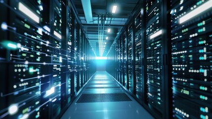 Data center server room; glowing network, technology